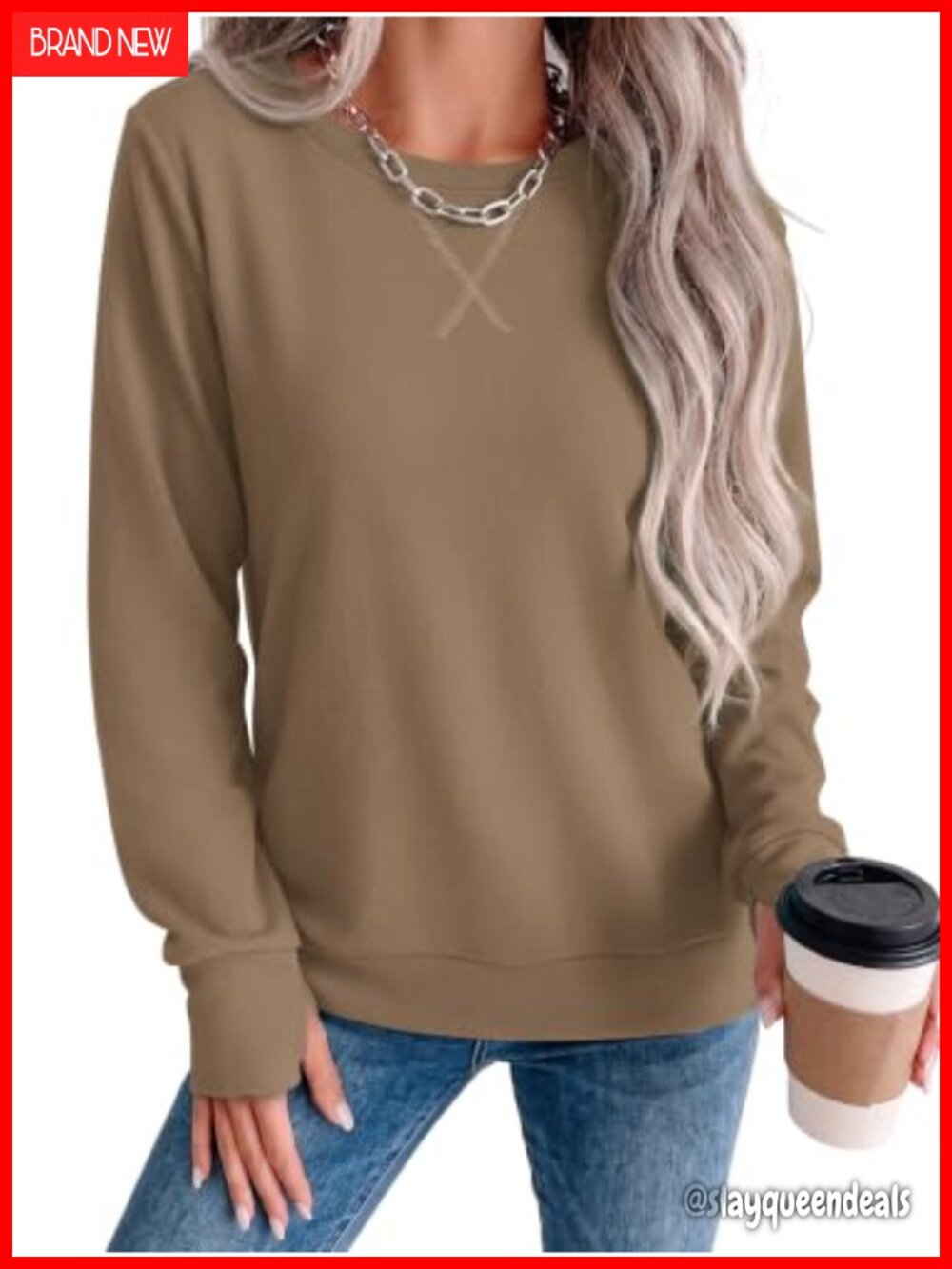 Womens Crewneck Sweatshirt Thumb Hole Loose Fit Pullover Fall Winter Top